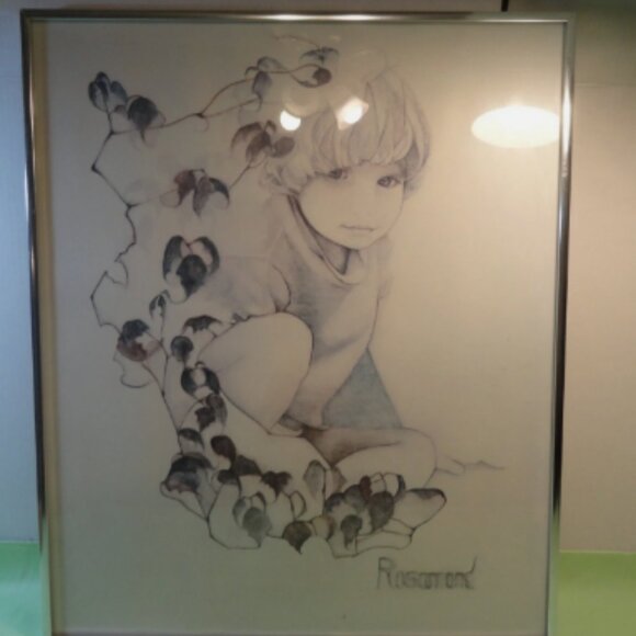 24.5x20 VTG CHRISTINE ROSAMOND GARDEN CHILD FRAMED 1970's LITHO PRINT LD 4823